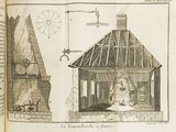 an old book with a drawing of a man and a woman in front of a house