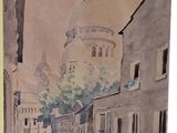tableau représentant une rue avec, en arrière-plan, des bâtiments et une église