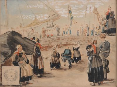 a painting of a group of people standing on a beach