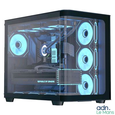 a black computer case with blue lights on it