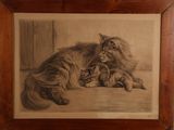 painting of a cat and her kitten resting on the floor