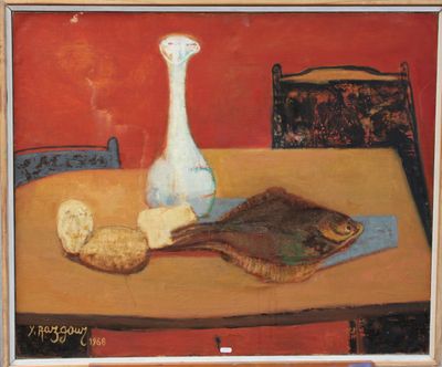 a painting of a table with a vase, bread, and a fish on it