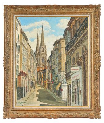 an oil painting of a city street with a church steeple in the background