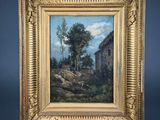 a painting of a landscape with a house in the background