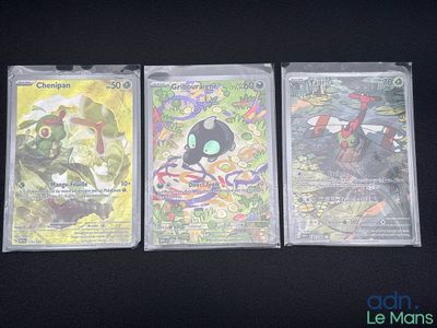 Quatre cartes Pokémon différentes sont alignées sur une surface noire