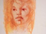 painting of a woman ' s face with orange hair and a moustache