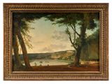 a painting of a river scene with a boat in the water