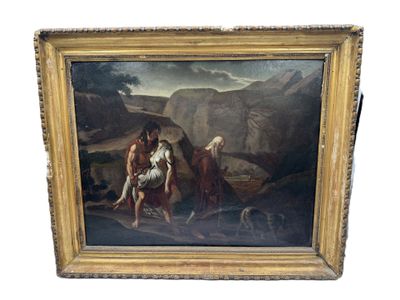 une image représentant un tableau où figurent un homme et une femme dans un paysage montagneux