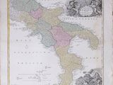 an old map of italy with the provincess in pink and green
