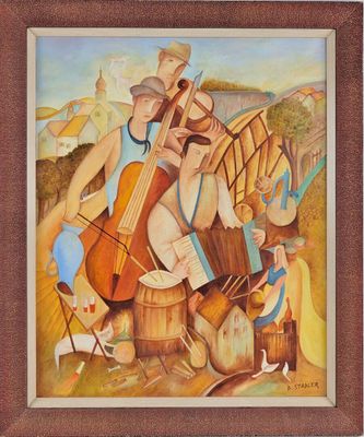 une peinture à l'huile représentant un groupe de personnes jouant de la musique dans un champ