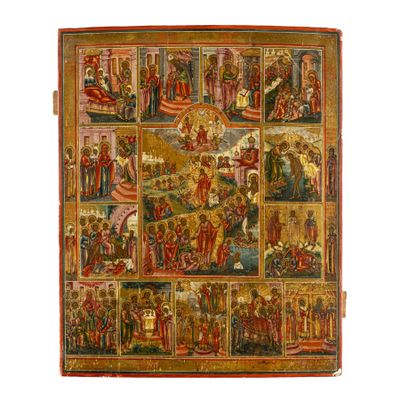 un tableau représentant une scène religieuse composée de nombreuses scènes différentes