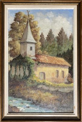 une peinture à l'huile représentant une église avec une rivière au premier plan