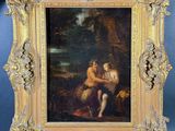 un tableau représentant un homme et une femme dans un décor boisé