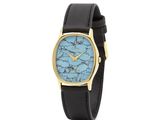 une montre en or avec un cadran en marbre bleu et un bracelet en cuir noir