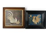deux photos encadrées représentant des coqs et des poules sur fond blanc
