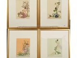 four framed asian paintings of birds and flowers on a white background