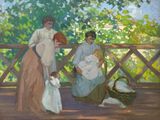 un tableau représentant une femme et deux enfants sous un porche