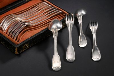 des couverts rangés dans un étui en cuir posé sur une table, avec des fourchettes et des cuillères