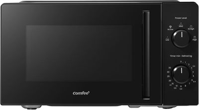 Le micro-ondes est noir et dispose d'une minuterie.