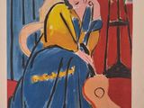 painting of a woman sitting on a chair with a guitar in front of her