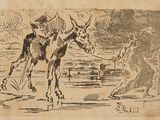 a drawing of a man riding a horse with a dog