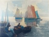 a painting of a group of people on a boat in the water
