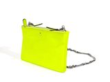 the neon yellow clutch bag has a chain around the strap