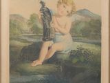 an old picture of a baby sitting on a rock with a bird in his hand