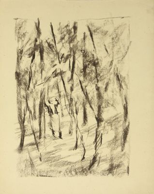 une image représentant un dessin d'un homme à cheval traversant une forêt