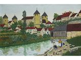 a painting of a village with a river and a bridge