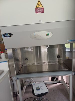 une photo d'un laboratoire avec une paillasse et une chaise
