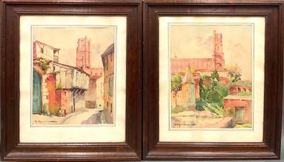 une paire d'aquarelles représentant une scène de rue avec une église en arrière-plan