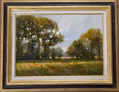 an oil painting of a field with trees and a house in the distance