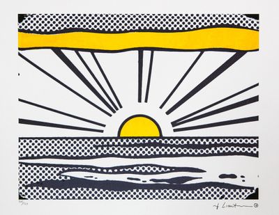 a black and white drawing of a sun over a body of water