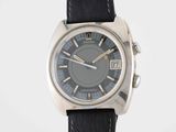 an image of a watch with a black leather strap on a white background