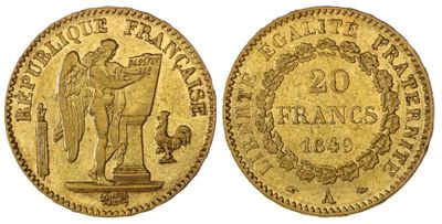 une pièce d'or sur laquelle figure l'image d'un homme tenant un drapeau