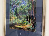 tableau encadré représentant une scène forestière avec des arbres au premier plan