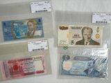 several different currency notes are displayed on a white surface