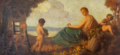 a painting of a woman sitting on a hill with two children