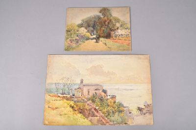 deux aquarelles représentant une maison et un arbre sur une colline