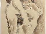 dessin représentant un homme penché en avant, le pied posé sur un tabouret