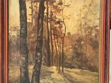 an oil painting of a wooded scene with trees in the foreground