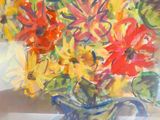 une peinture de fleurs dans un vase sur une table