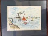 framed watercolor painting of a sailboat on the water with a lighthouse in the background