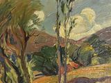 une image représentant un tableau montrant des arbres dans un champ, avec des collines en arrière-plan