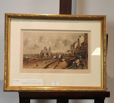 tableau représentant une vue d'une gare avec une tour horloge en arrière-plan
