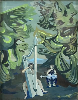 un tableau représentant deux personnes jouant d'un instrument de musique dans les bois
