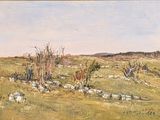 painting of a painting of a cow in a field with trees in the background