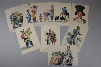 six cartes postales représentant des personnes et des animaux sur un fond gris