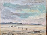 une peinture à l'huile d'une scène de plage avec des bateaux dans l'eau